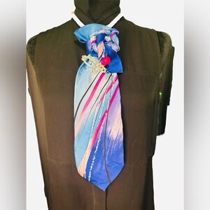 Elegant Blue and Pink Necktie with Butterfly Brooch
